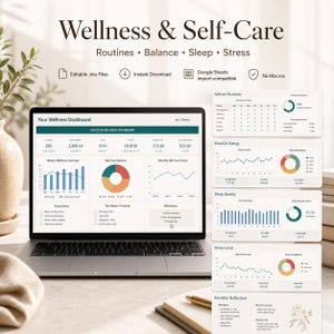 May include: A laptop displaying a wellness dashboard with charts and graphs. The screen shows data related to routines, balance, sleep, and stress. The image includes the text "Wellness & Self-Care" and icons for editable files and instant download.