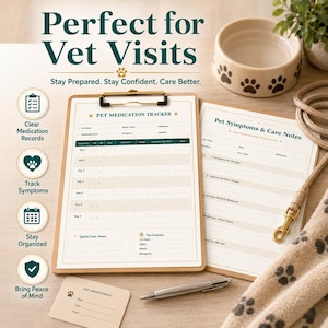 May include: A clipboard with a "Pet Medication Tracker" form and a "Pet Symptoms & Care Notes" form. The forms are on a wooden surface with a pen, a dog bowl, and a leash. The text "Perfect for Vet Visits" is at the top.