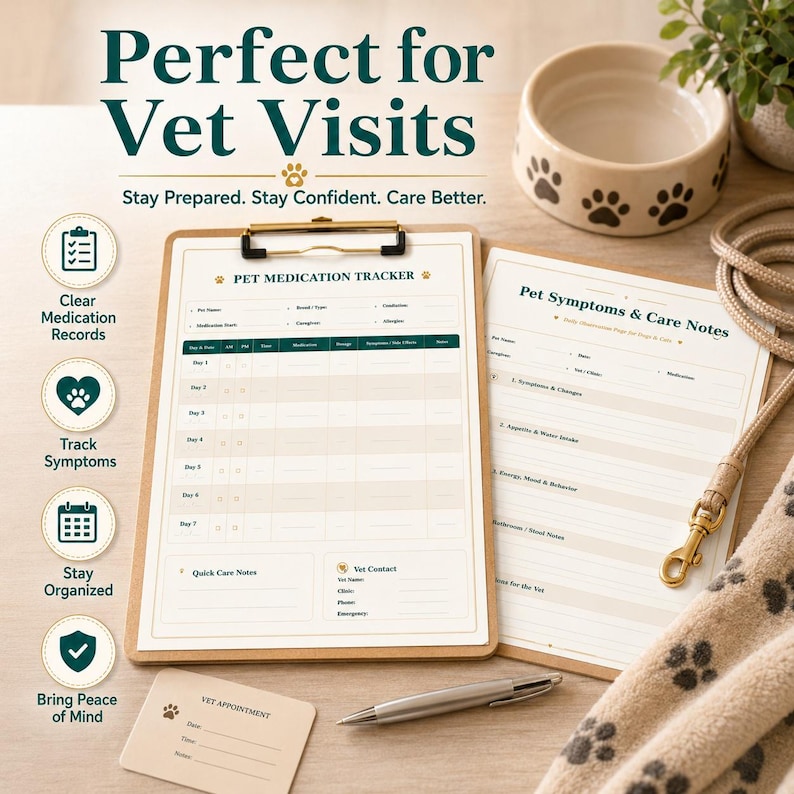 May include: A clipboard with a "Pet Medication Tracker" form and a "Pet Symptoms & Care Notes" form. The forms are on a wooden surface with a pen, a dog bowl, and a leash. The text "Perfect for Vet Visits" is at the top.