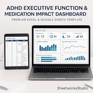 Könnte beinhalten: Ein Laptop und ein Tablet, die ein Dashboard mit Datenvisualisierungen anzeigen. Das Dashboard enthält Diagramme, Grafiken und numerische Daten in Bezug auf die exekutive Funktion bei ADHS und die Auswirkungen von Medikamenten.
