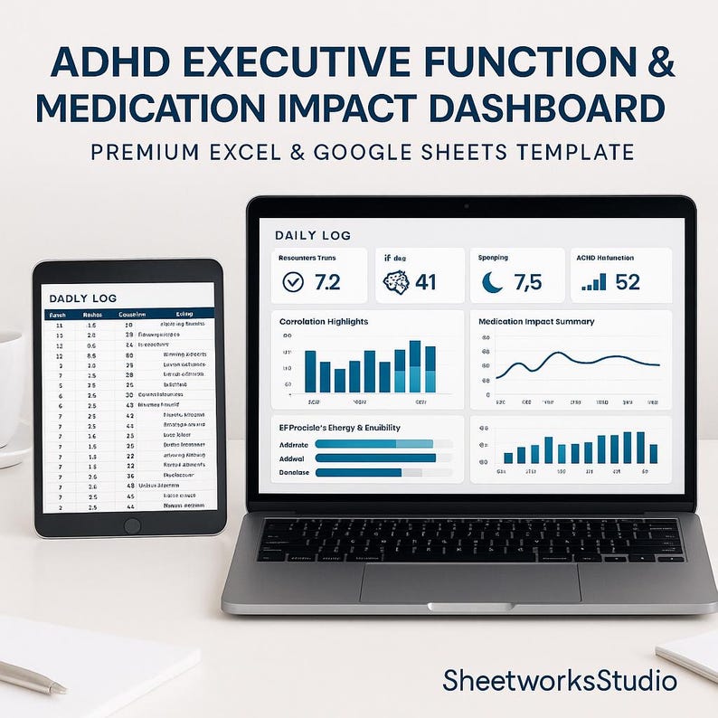 May include: A laptop and tablet displaying a dashboard with data visualizations. The dashboard includes charts, graphs, and numerical data related to ADHD executive function and medication impact. Text at the top reads "ADHD Executive Function & Medication Impact Dashboard".