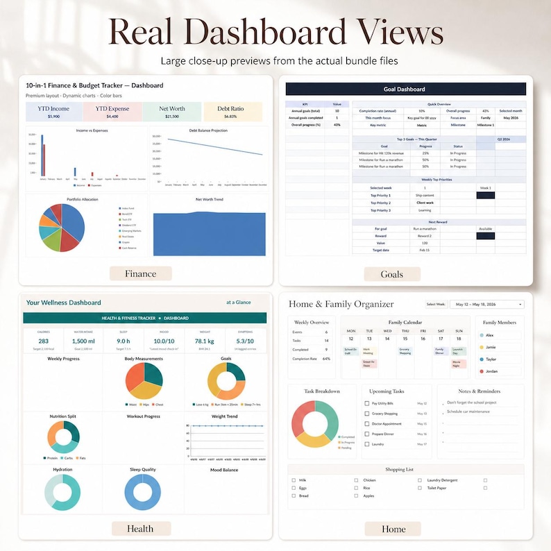 May include: A digital dashboard bundle with previews of finance, goals, health, and home organization sections. The finance section includes charts for income, expenses, and net worth. The health section shows body measurements and goals.