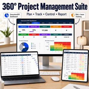 May include: A project management suite is displayed on a computer monitor, laptop, and tablet. The screens show data visualizations, charts, and tables. The text on the screen includes "Executive KPI Dashboard", "Budget Used", "Open Risks", and "Risk Register".