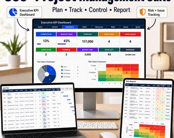 Excel Project Management Template | 360 PM Suite | Gantt, Resources, Risk Heatmap, Issue Tracker, Scrum Sprint & Kanban, KPI Dashboard
