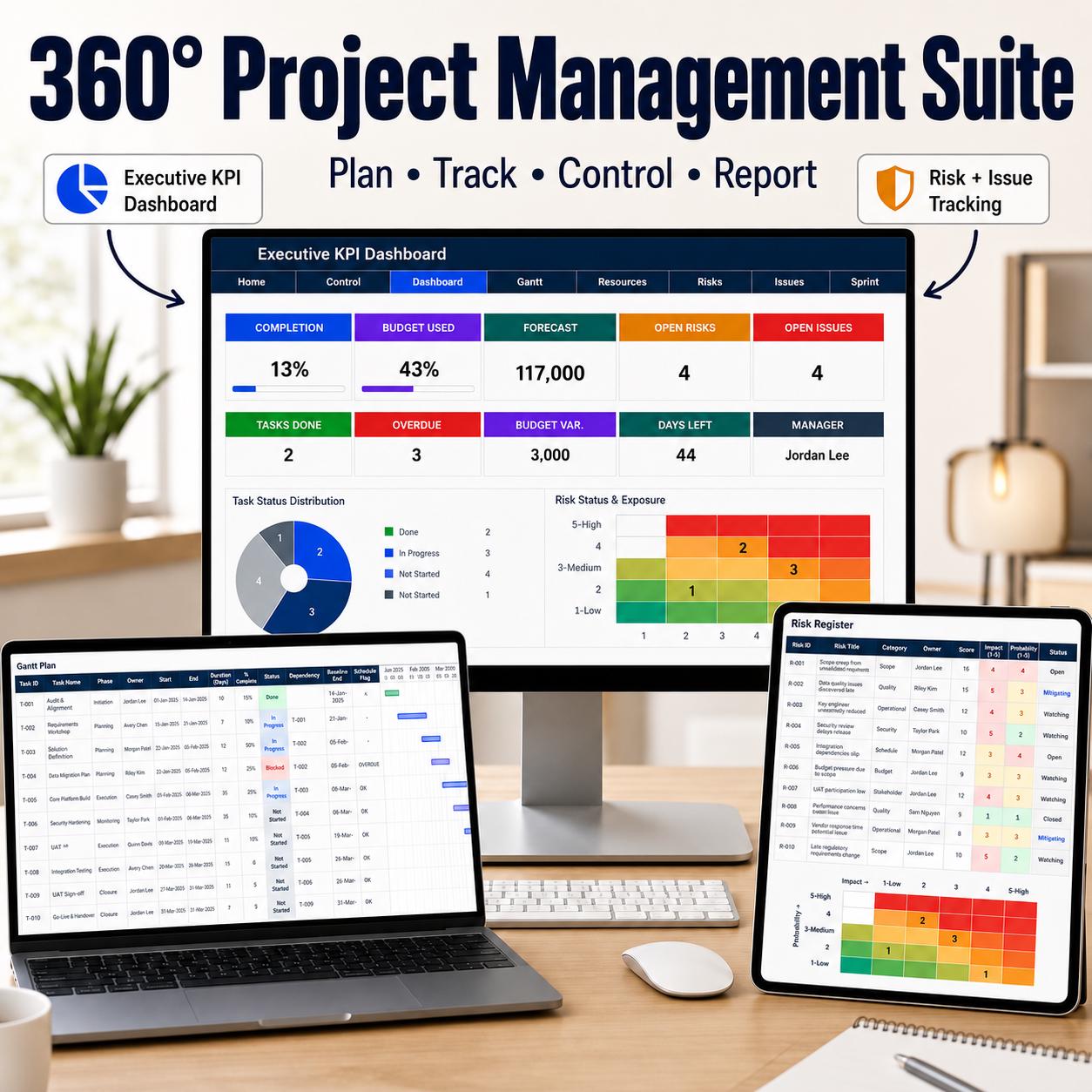Excel Project Management Template 360 PM Suite Gantt, Resources, Risk Heatmap, Issue Tracker, Scrum Sprint & Kanban, KPI Dashboard