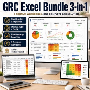 Op de afbeelding: Een bureaubladopstelling met een laptop, monitor en tablet met GRC Excel Bundle-dashboards. De schermen tonen datavisualisaties, grafieken en tabellen met betrekking tot risicomanagement en compliance. De tekst op het scherm bevat "Risk Register", "Internal Audit" en "Risk Heatmap Reporting".