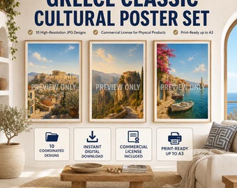 Greece Poster Set with Commercial License | 10 High-Resolution JPGs | Athens, Meteora, Crete, Zakynthos & Cultural Wall Art