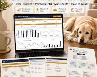 シニアペットトラッカー、ExcelおよびPDFテンプレート／犬猫の投薬計画、痛み、運動能力、体重、獣医メモ