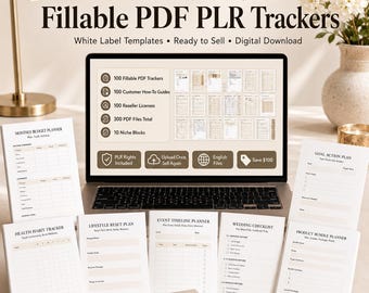 100 Fillable PDF Trackers PLR Bundle | 10 Niche Blocks, White Label Templates, Reseller Rights, Digital Download