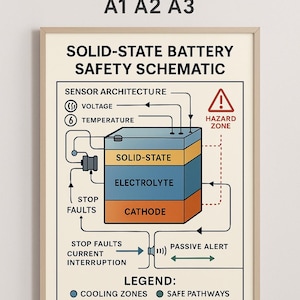 May include: A framed print with a schematic diagram of a solid-state battery. The diagram includes labels for voltage, temperature, and other components, with a hazard zone indicated. Text at the top reads "Instant Download Printable PDF/JPG A1 A2 A3."