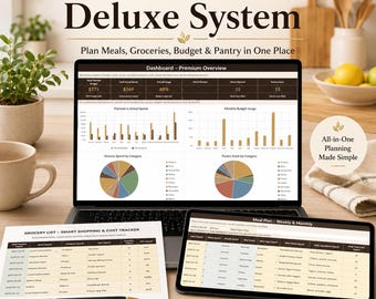 Modelo para planejamento de refeições | Planejador de refeições, lista de compras, controle de orçamento alimentar e lista de despensa | Compatível com o Google Sheets