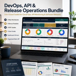 May include: A laptop displaying a DevOps and Cloud Tracker executive dashboard with colorful charts and data tables. Beside it are printed documents titled Start Guide, DevOps Incident Snapshot, API Dashboard, and Feature Release Tracker.