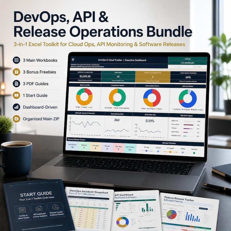 May include: A laptop displaying a DevOps and Cloud Tracker executive dashboard with colorful charts and data tables. Beside it are printed documents titled Start Guide, DevOps Incident Snapshot, API Dashboard, and Feature Release Tracker.