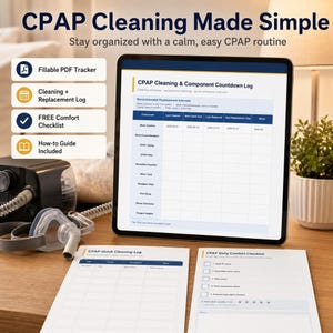 May include: A digital tablet displaying a CPAP Cleaning & Component Countdown Log, accompanied by printed CPAP Quick Cleaning Log and CPAP Daily Comfort Checklist sheets. A CPAP machine and mask are visible on the left, with text overlays detailing features like a fillable PDF tracker and a comfort checklist.