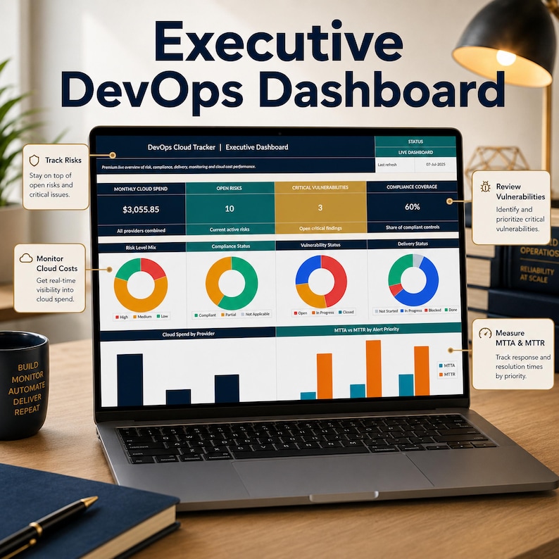 Pode incluir: Um computador port&aacute;til exibindo um painel executivo de DevOps com visualiza&ccedil;&otilde;es de dados, incluindo gr&aacute;ficos de rosca, gr&aacute;ficos de barras e m&eacute;tricas para gastos na nuvem, riscos e vulnerabilidades. A tela mostra r&oacute;tulos como Monthly Cloud Spend.
