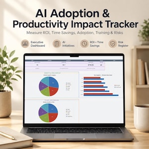 May include: A laptop screen displaying an AI Adoption & Productivity Impact Tracker dashboard with charts, graphs, and metrics. The interface includes sections for Executive Dashboard, AI Initiatives, ROI + Time Savings, and a Risk Register.