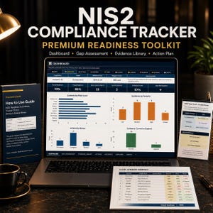 Pode incluir: Um laptop exibe um painel de controle de rastreamento de conformidade com visualizações de dados, gráficos e diagramas. Acompanhando o laptop estão um guia, um bloco de notas e uma xícara de café. O texto "NIS2 Compliance Tracker" está no topo.