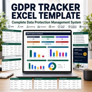 Könnte beinhalten: Ein Laptop mit einer GDPR Tracker Excel-Vorlage. Der Bildschirm zeigt ein Dashboard für ein Datenschutzmanagementsystem mit Diagrammen und Daten. Zusätzliche Registerkarten und ein Bonuspaket sind ebenfalls sichtbar. Der Text "GDPR Tracker Excel Template" steht oben.