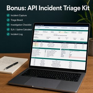 May include: A laptop displaying an API Incident Triage Kit dashboard with sections for Incident Capture, Triage Board, Investigation Checklist, SLA/Uptime Calculator, and Incident Log. A notebook and pen sit beside the laptop on a wooden surface.