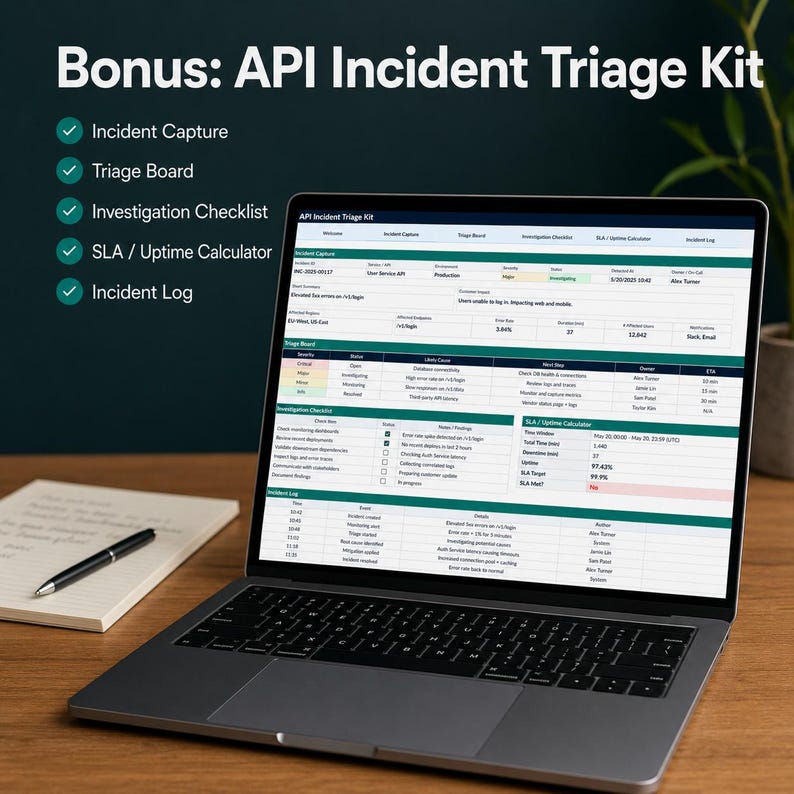 May include: A laptop displaying an API Incident Triage Kit dashboard with sections for Incident Capture, Triage Board, Investigation Checklist, SLA/Uptime Calculator, and Incident Log. A notebook and pen sit beside the laptop on a wooden surface.