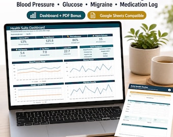 Plantilla de registro de salud en Excel | Registro de presión arterial, glucosa en sangre, migrañas y medicamentos | Panel de control, PDF adicional, Hojas de cálculo de Google