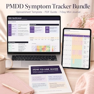 May include: A laptop, tablet, and printed guide showcasing a PMDD Symptom Tracker Bundle. The laptop displays a spreadsheet template, the tablet and guide a 7-day journal. The guide includes the text "HOW-TO-USE GUIDE". The bundle is designed for tracking symptoms.
