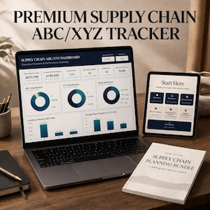May include: A laptop and tablet display a supply chain dashboard with charts and data. The text "PREMIUM SUPPLY CHAIN ABC/XYZ TRACKER" is at the top. A book titled "HOW TO USE SUPPLY CHAIN PLANNING BUNDLE" is also visible.