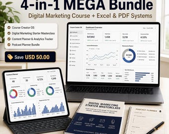 Creator Marketing & Course Launch Mega Bundle | Digital Marketing Course, Course Creator OS Excel, Content Planner, Podcast Planner