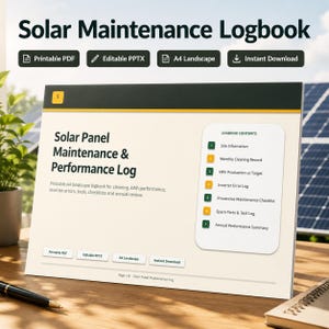 Loggbok för solcellsunderhåll PDF och PPTX | Rengöring av solcellssystem, kWh-spårare, fellogg för växelriktare, underhållsplan för solceller A4