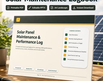 Solar Panel Maintenance Logbook PDF & PPTX | Cleaning Tracker, kWh Performance Log, Inverter Error Log, PV Checklist A4