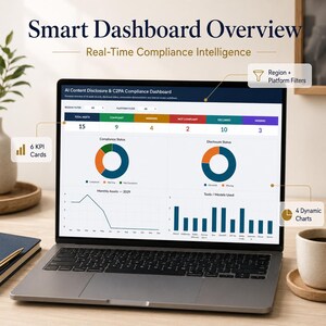 K&ouml;nnte beinhalten: Ein Laptop-Bildschirm zeigt ein Smart Dashboard f&uuml;r Echtzeit-Compliance-Intelligenz. Die Benutzeroberfl&auml;che enth&auml;lt sechs KPI-Karten, vier dynamische Diagramme sowie Regions- und Plattformfilter f&uuml;r KI-Inhaltsoffenlegung und C2PA-Compliance.