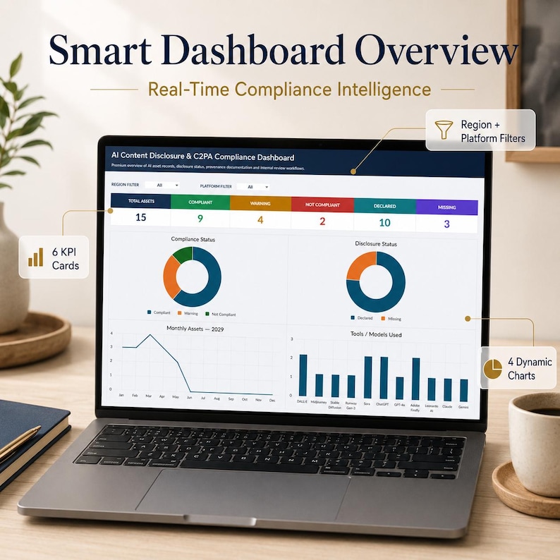 K&ouml;nnte beinhalten: Ein Laptop-Bildschirm zeigt ein Smart Dashboard f&uuml;r Echtzeit-Compliance-Intelligenz. Die Benutzeroberfl&auml;che enth&auml;lt sechs KPI-Karten, vier dynamische Diagramme sowie Regions- und Plattformfilter f&uuml;r KI-Inhaltsoffenlegung und C2PA-Compliance.
