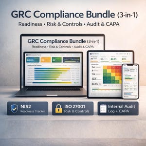 May include: A laptop, tablet, and smartphone show the "GRC Compliance Bundle" interface, with features for Readiness, Risk & Controls, and Audit & CAPA. Icons below represent NIS2 Readiness Tracker, ISO 27001 Risk & Controls, and Internal Audit Log + CAPA.