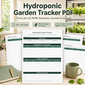 May include: A Hydroponic Garden Tracker PDF set featuring printable pages for tracking pH, EC/PPM, nutrients, growth, and harvest. Includes A4 and US Letter sizes, a mini tracker, and a how-to guide. The layout includes sections for grow profiles, setup details, and environment targets.