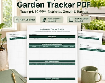 Hydroponic Garden Tracker Pdf | Indoor Grow Logbook and Aerogarden Planner | pH EC PPM Journal A4 + US Letter + Mini Tracker