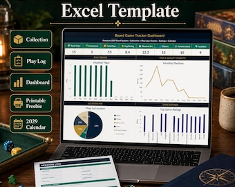 May include: A laptop displaying a Board Game Tracker Excel Template dashboard with charts, graphs, and data tables. Beside the laptop is a printed session log sheet, a pen, a blue notebook with a compass design, and several colorful game dice.