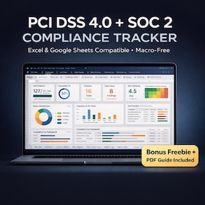 May include: A laptop displaying a compliance tracker dashboard with the text "PCI DSS 4.0 + SOC 2 COMPLIANCE TRACKER." The screen shows data visualizations, including charts and graphs, with the text "Excel & Google Sheets Compatible • Macro-Free."