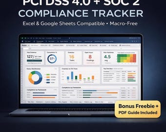 PCI DSS 4.0 + SOC 2 Compliance Tracker Template | Excel & Google Sheets | Risk Register, Evidence Log, Dashboard | Freebie + Pdf Guide