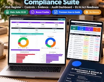 Könnte beinhalten: Eine AI Governance und Ethical AI Compliance Suite auf einem Laptop- und Tablet-Bildschirm, mit einem Dashboard aus Tortendiagrammen, Balkendiagrammen und einer Checkliste. Ein gedruckter Leitfaden mit dem Titel Compliance Suite liegt bei.