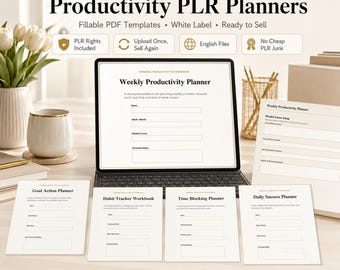 Productivity Planner PLR Bundle | 10 Fillable PDF Planners, Goal Action, Habit Tracker, Time Blocking, White Label