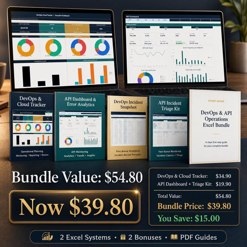 DevOps & API Operations Excel Bundle | Cloud Tracker, API Dashboard, Incident Triage, SLA Uptime, Error Log Analytics imagem 4
