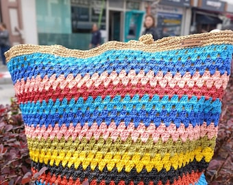 Bolso de crochet hecho a mano: Bolso de hombro cuadrado de algodón Rainbow Grandma