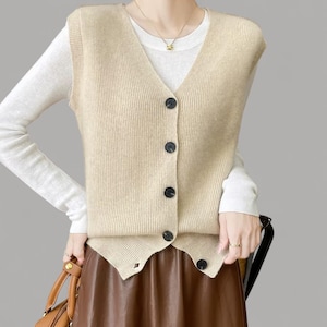 Merino Wool Knit Vest - Striped V-Neck Sleeveless Cardigan