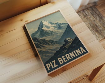 Póster de viaje de Piz Bernina: montaña, Alpes suizos, ilustración retro, arte mural, tamaño A4/A3/A2/A1/A0