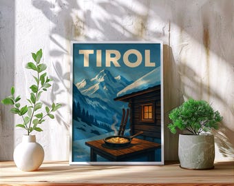 Tyrolski plakat krajobraz alpejski – Austria Vintage plakat podróżniczy – Tyrolska ilustracja Gröstl Sztuka ścienna A4/A3/A2/A1/A0