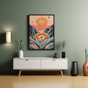 Boho Croissant Poster Sun Landscape – Boho Wall Art Surreal Breakfast Illustration – Crazy Retro Decoration Poster A4/A3/A2/A1/A0