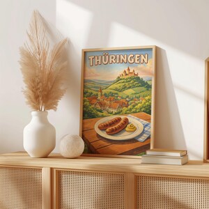 Thuringia Poster Bratwurst and Wartburg Retro Travel Poster Landscape Motif – Vintage Wall Picture A4/A3/A2/A1/A0, matt or glossy