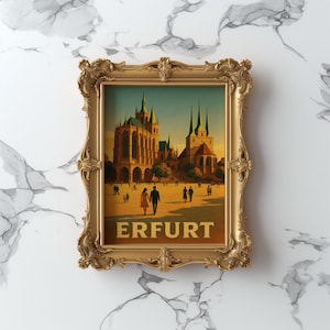 Puede incluir: Una impresión enmarcada que presenta un póster de viaje vintage de Erfurt, Alemania. La obra de arte representa un paisaje urbano con catedrales y figuras. El marco dorado es ornamentado y está sobre un fondo de mármol. La palabra "ERFURT" se muestra.