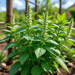 May include: Close-up of a vibrant green plant with multiple stems and large, oval leaves. The plant features tall, slender flower spikes adorned with tiny white blossoms. The plant is growing in a garden setting with a wooden trellis in the background.