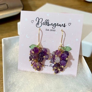Amethyst Grape Dangle Gold Plated Stainless Steel Hook Earrings. Gift for her. Fruit earrings. Natural Stone for Peace and Relief Anxiety
